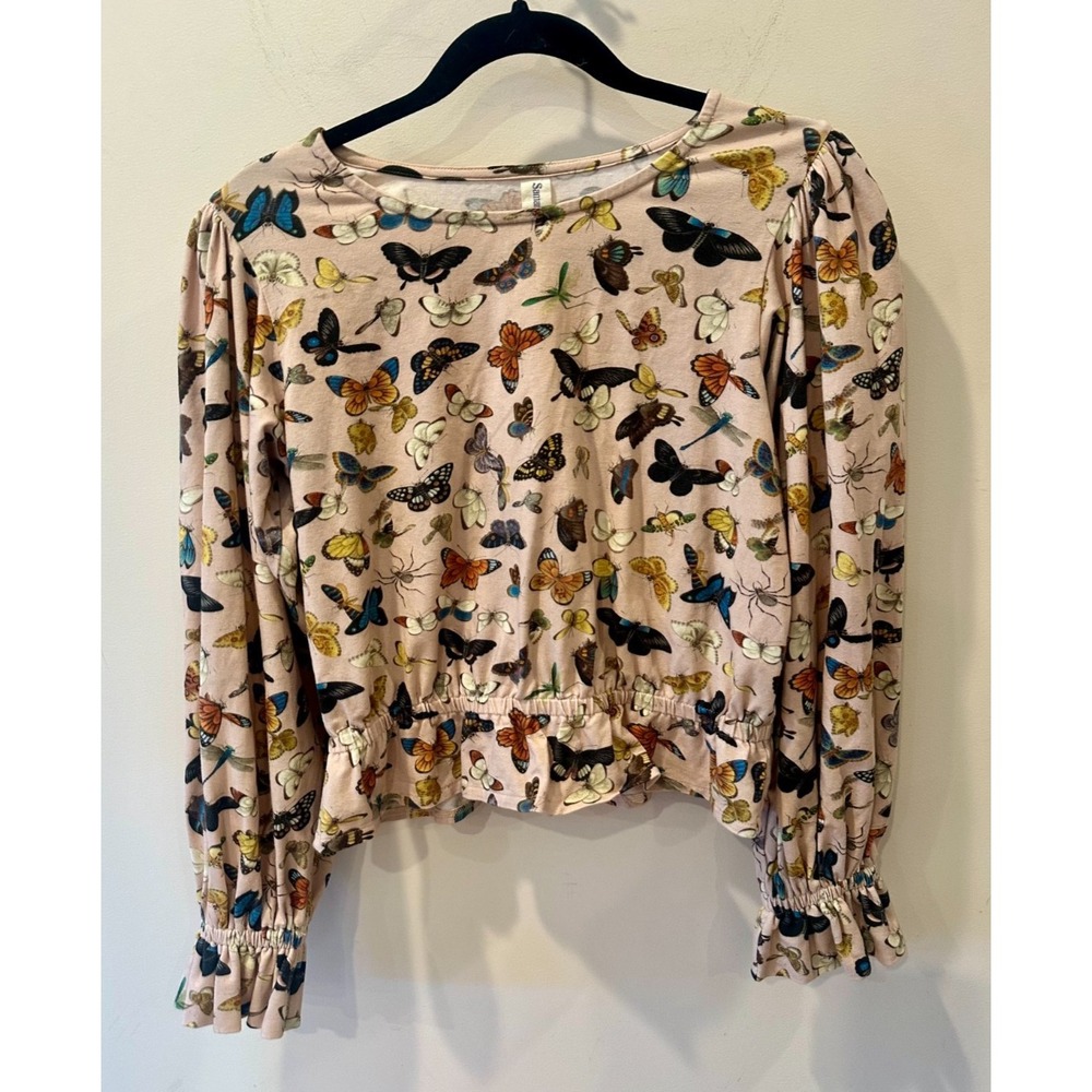 Samantha Pleet Cloud Shirt in Butterfly Print Sz S Ruffle Details Cotton $160